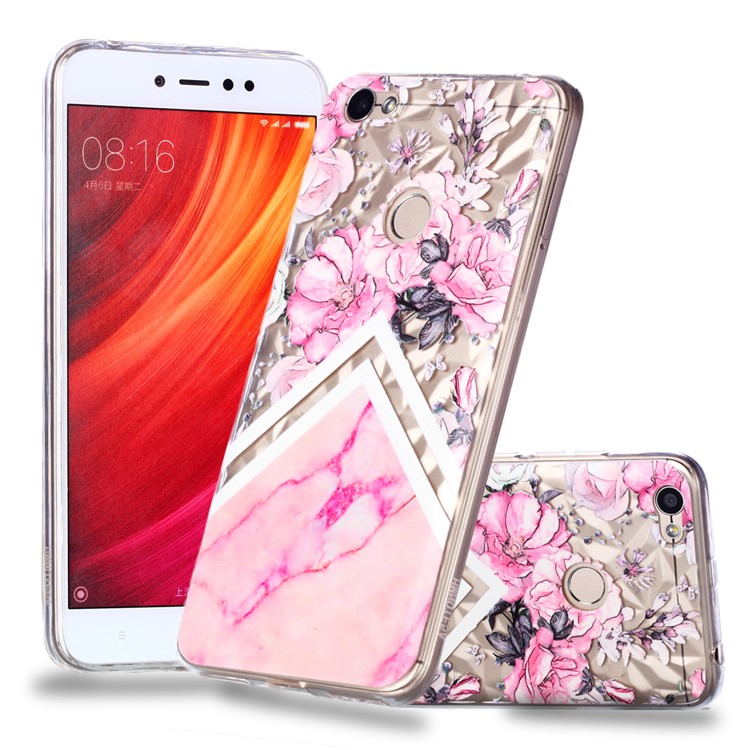 Pattern Printing Embossed 3D Diamond Surface TPU Cover for Xiaomi Redmi Note 5A Prime / Redmi Y1 - Pink Flowers and Marble Pattern-1