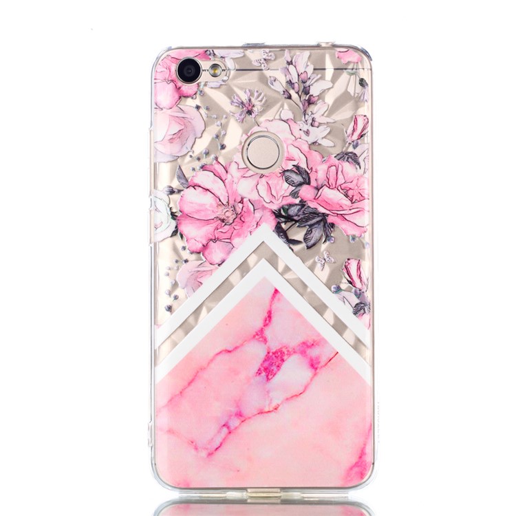 Pattern Printing Embossed 3D Diamond Surface TPU Cover for Xiaomi Redmi Note 5A Prime / Redmi Y1 - Pink Flowers and Marble Pattern-2