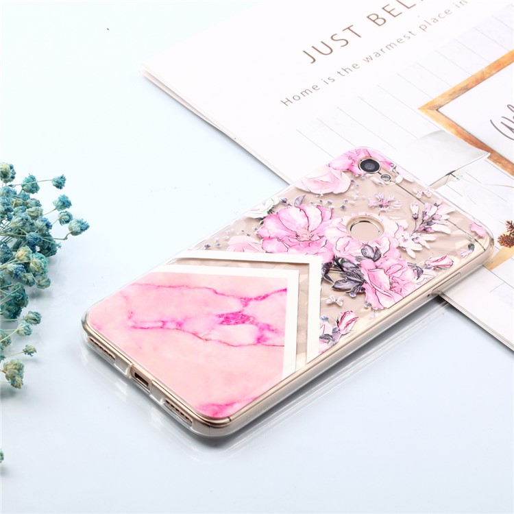 Pattern Printing Embossed 3D Diamond Surface TPU Cover for Xiaomi Redmi Note 5A Prime / Redmi Y1 - Pink Flowers and Marble Pattern-8