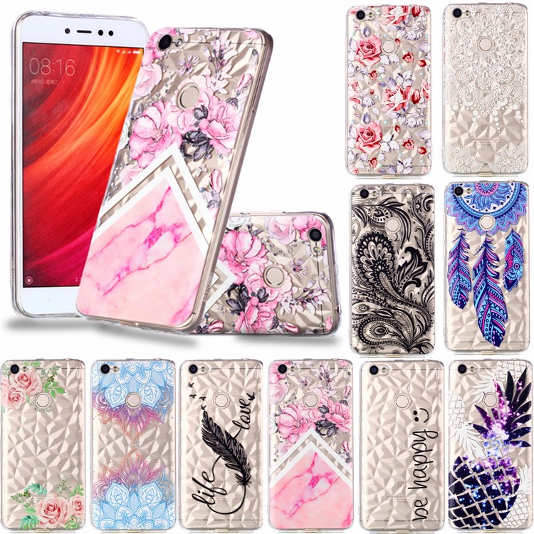 Pattern Printing Embossed 3D Diamond Surface TPU Cover for Xiaomi Redmi Note 5A Prime / Redmi Y1 - Pink Flowers and Marble Pattern-9