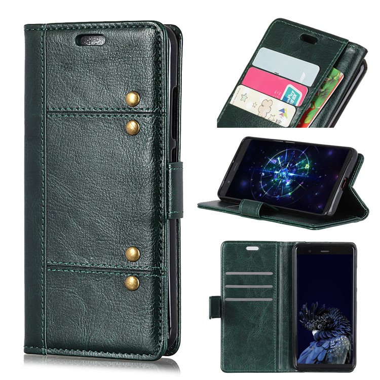 Rivet Decor Crazy Horse Texture Stand Wallet Leather Cover Shell for Xiaomi Redmi 6 (Dual Camera: 12MP+5MP) - Blackish Green-1