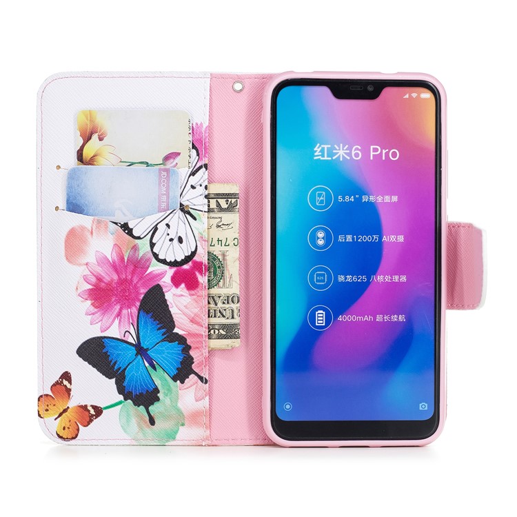 Pattern Printing Wallet Stand Leather Phone Cover for Xiaomi Mi A2 Lite / Redmi 6 Pro - Butterfly and Flower-8