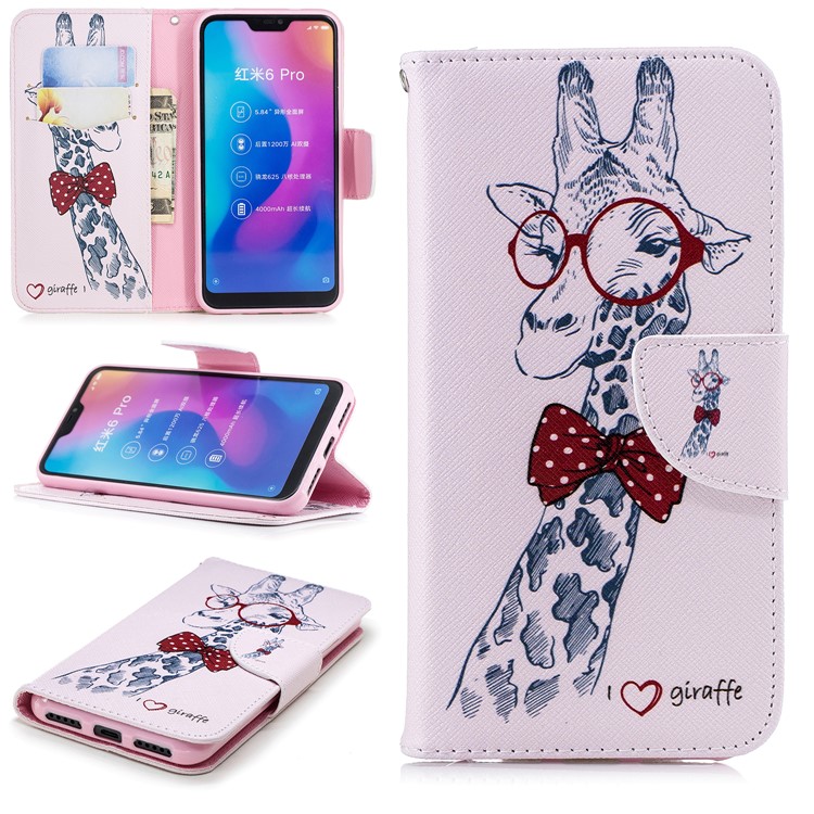 Pattern Printing Wallet Stand Leather Flip Cover for Xiaomi Mi A2 Lite / Redmi 6 Pro - Giraffe Wearing Glasses-1