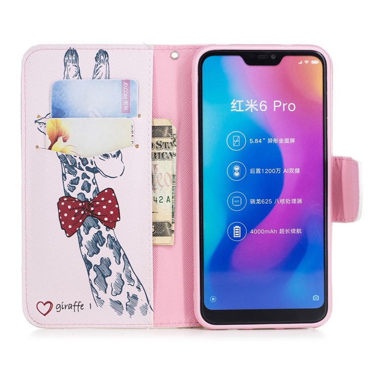 Pattern Printing Wallet Stand Leather Flip Cover for Xiaomi Mi A2 Lite / Redmi 6 Pro - Giraffe Wearing Glasses-8