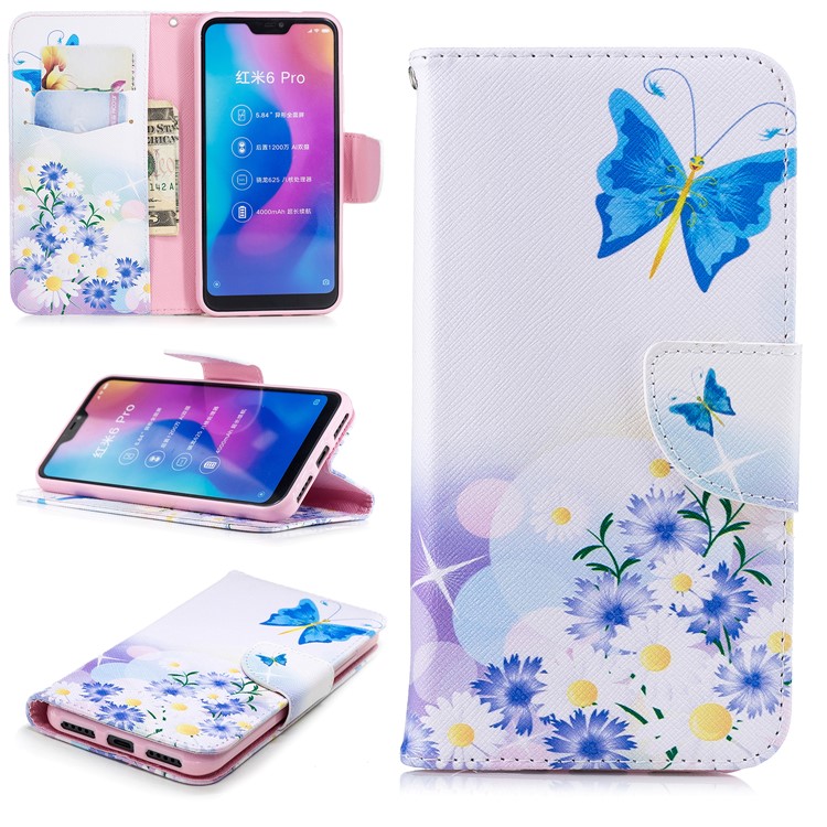 Pattern Printing Wallet Stand Leather Flip Casing for Xiaomi Mi A2 Lite / Redmi 6 Pro - Blue Butterfly-1