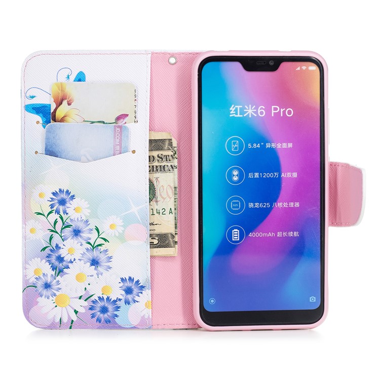 Pattern Printing Wallet Stand Leather Flip Casing for Xiaomi Mi A2 Lite / Redmi 6 Pro - Blue Butterfly-8