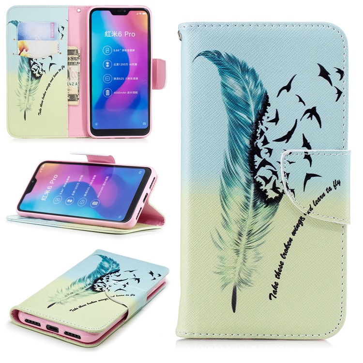Pattern Printing Wallet Stand Leather Protective Shell for Xiaomi Mi A2 Lite / Redmi 6 Pro - Feather and Birds-1