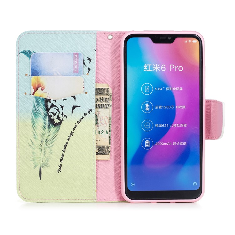 Pattern Printing Wallet Stand Leather Protective Shell for Xiaomi Mi A2 Lite / Redmi 6 Pro - Feather and Birds-8