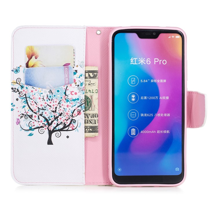 Pattern Printing Wallet Stand Leather Phone Accessory Cover for Xiaomi Mi A2 Lite / Redmi 6 Pro - Tree with Flower-8