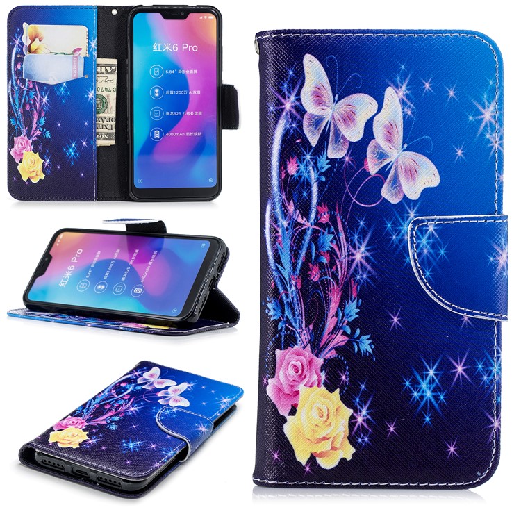Pattern Printing Leather Wallet Stand Case Cover for Xiaomi Mi A2 Lite / Redmi 6 Pro - Crystal Butterfly-1