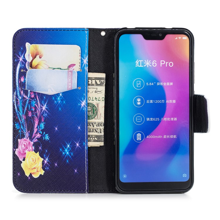 Pattern Printing Leather Wallet Stand Case Cover for Xiaomi Mi A2 Lite / Redmi 6 Pro - Crystal Butterfly-8