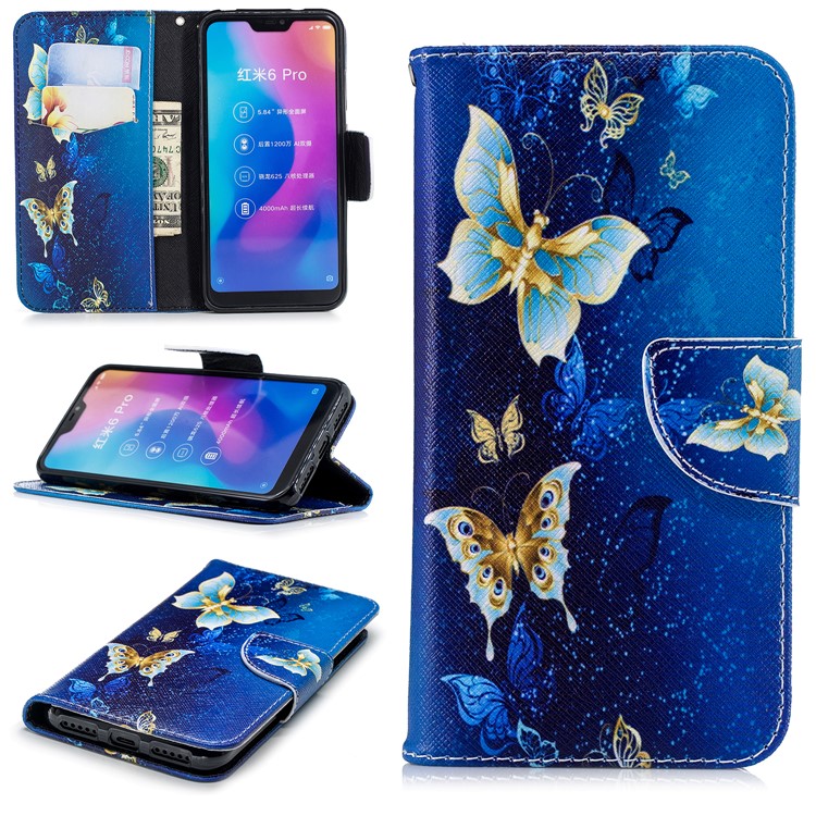 Pattern Printing Leather Wallet Stand Case Shell for Xiaomi Mi A2 Lite / Redmi 6 Pro - Gold and Blue Butterfly-1