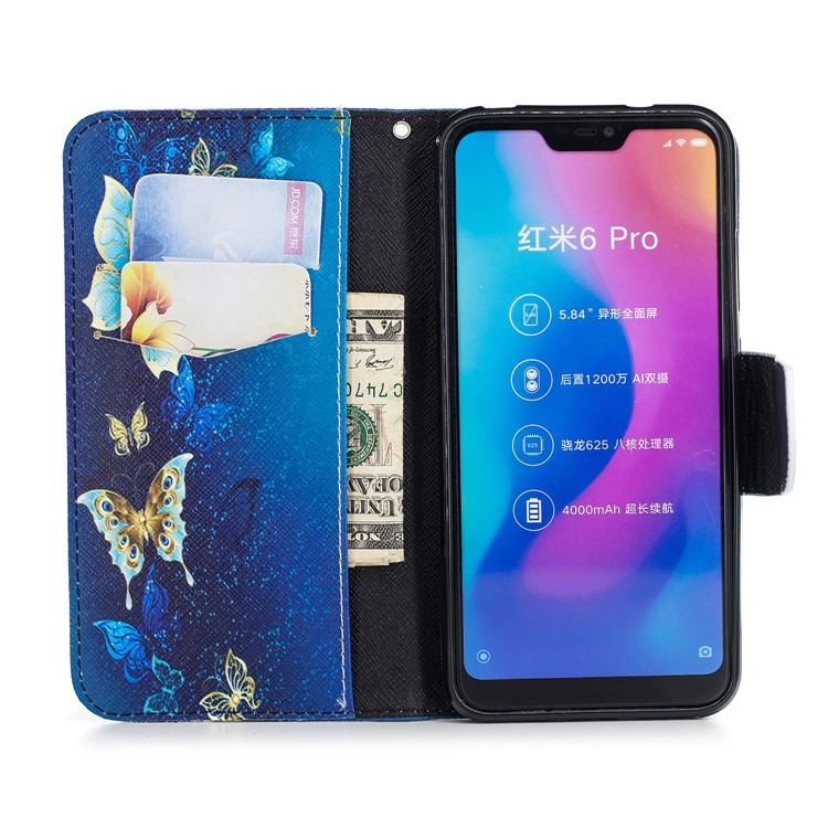Pattern Printing Leather Wallet Stand Case Shell for Xiaomi Mi A2 Lite / Redmi 6 Pro - Gold and Blue Butterfly-8