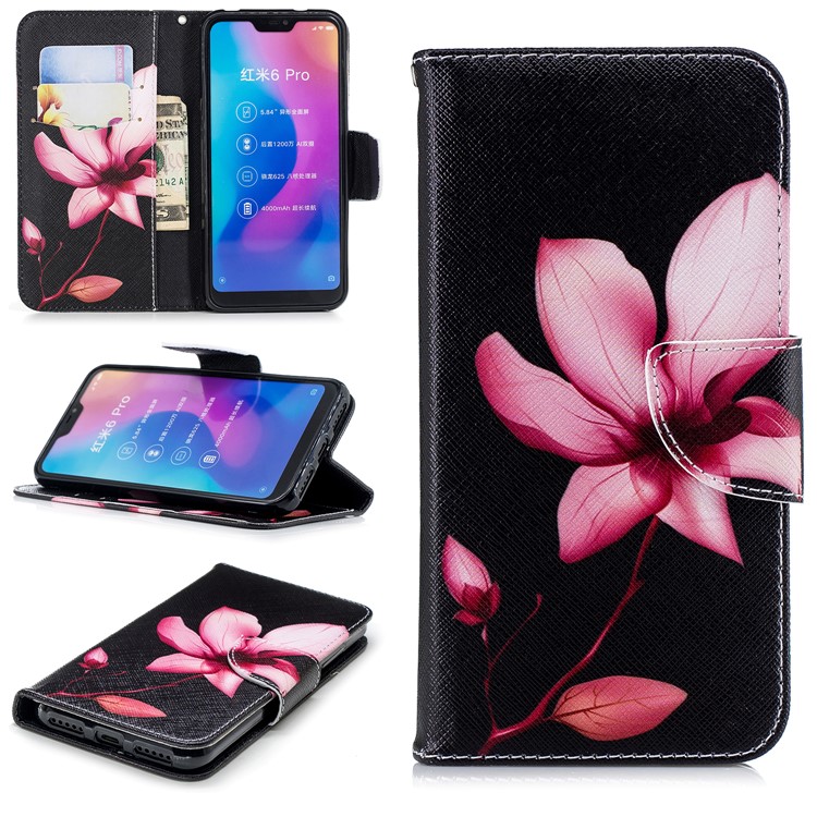 Pattern Printing Leather Wallet Stand Phone Case for Xiaomi Mi A2 Lite / Redmi 6 Pro - Pink Flower-1