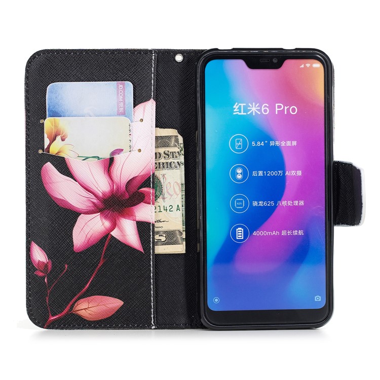 Pattern Printing Leather Wallet Stand Phone Case for Xiaomi Mi A2 Lite / Redmi 6 Pro - Pink Flower-8