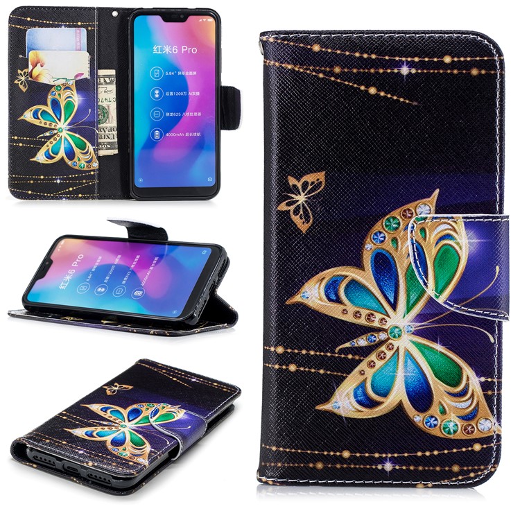 Pattern Printing Leather Wallet Stand Phone Cover for Xiaomi Mi A2 Lite / Redmi 6 Pro - Rhinestone Decor Butterfly-1