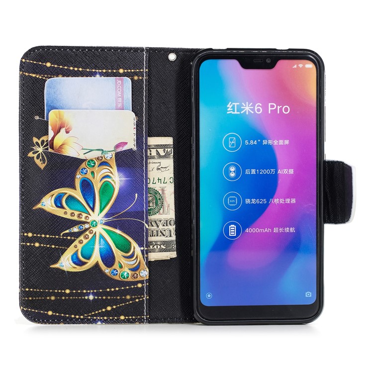 Pattern Printing Leather Wallet Stand Phone Cover for Xiaomi Mi A2 Lite / Redmi 6 Pro - Rhinestone Decor Butterfly-8