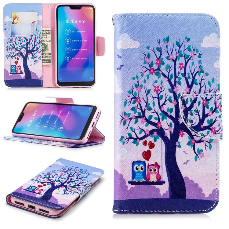 Patterned Wallet Stand Leather Mobile Case for Xiaomi Mi A2 Lite / Redmi 6 Pro - Owls on Swing-1