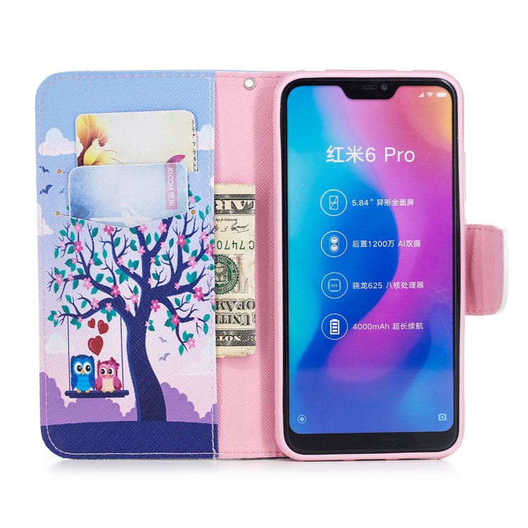 Patterned Wallet Stand Leather Mobile Case for Xiaomi Mi A2 Lite / Redmi 6 Pro - Owls on Swing-8