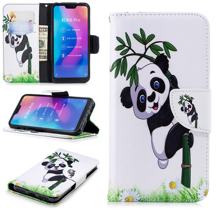 Patterned Wallet Stand Leather Mobile Cover for Xiaomi Mi A2 Lite / Redmi 6 Pro - Panda on Bamboo-1