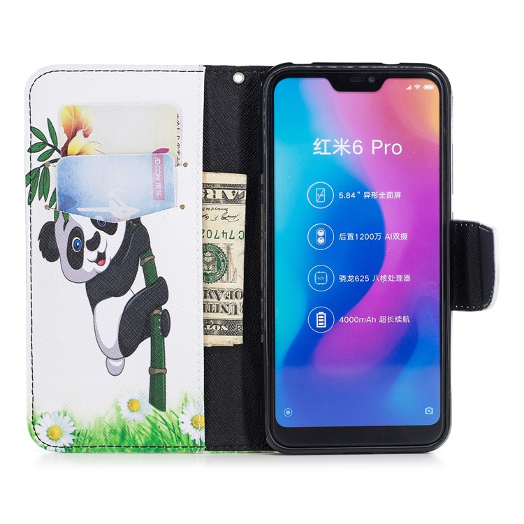 Patterned Wallet Stand Leather Mobile Cover for Xiaomi Mi A2 Lite / Redmi 6 Pro - Panda on Bamboo-8