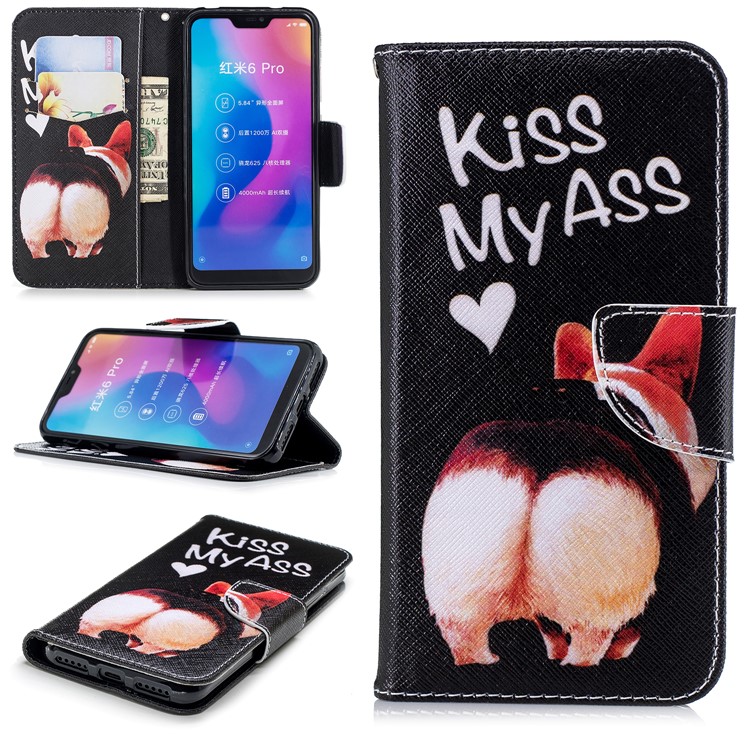 Pattern Printing Leather Wallet Case Accessory for Xiaomi Mi A2 Lite / Redmi 6 Pro - Kiss My Ass-1