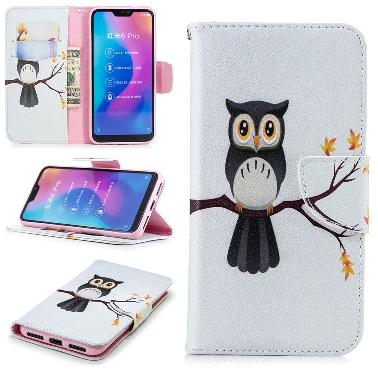 Patterned PU Leather Wallet Protection Case for Xiaomi Mi A2 Lite / Redmi 6 Pro - Owl on Branch-1