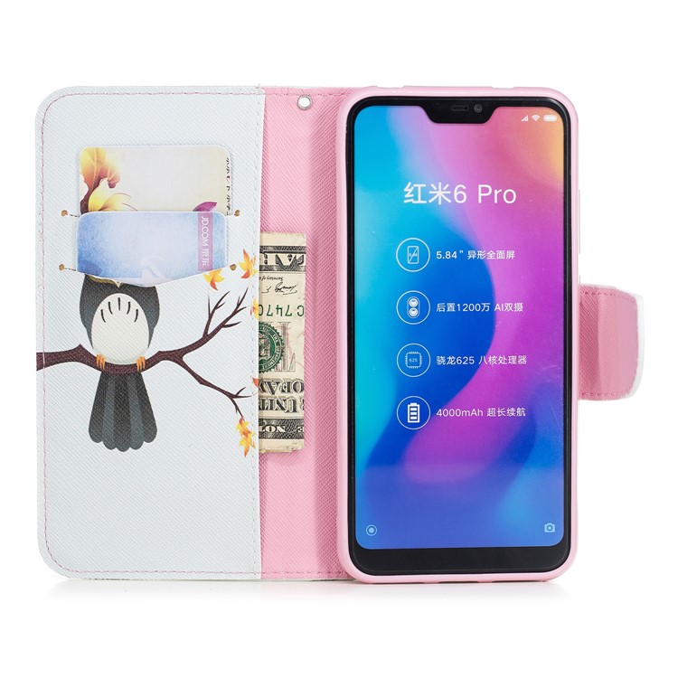 Patterned PU Leather Wallet Protection Case for Xiaomi Mi A2 Lite / Redmi 6 Pro - Owl on Branch-8