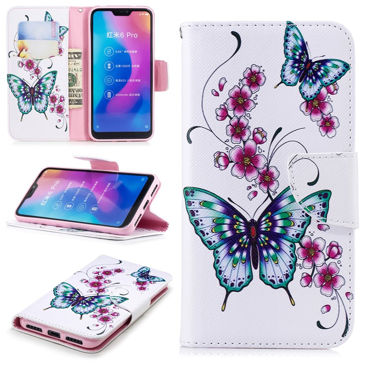 Pattern Printing Leather Wallet Phone Shell for Xiaomi Mi A2 Lite / Redmi 6 Pro - Butterfly and Flower-1