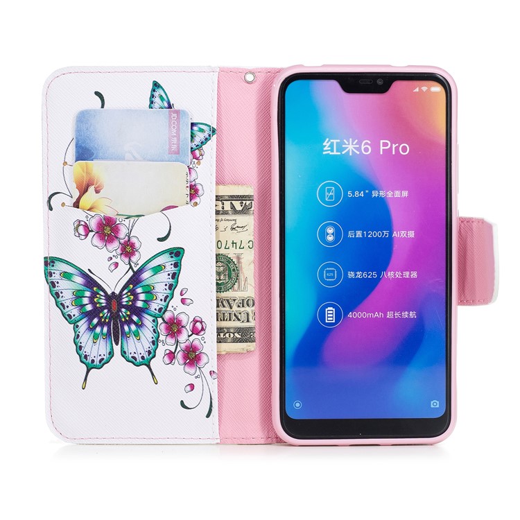 Pattern Printing Leather Wallet Phone Shell for Xiaomi Mi A2 Lite / Redmi 6 Pro - Butterfly and Flower-8