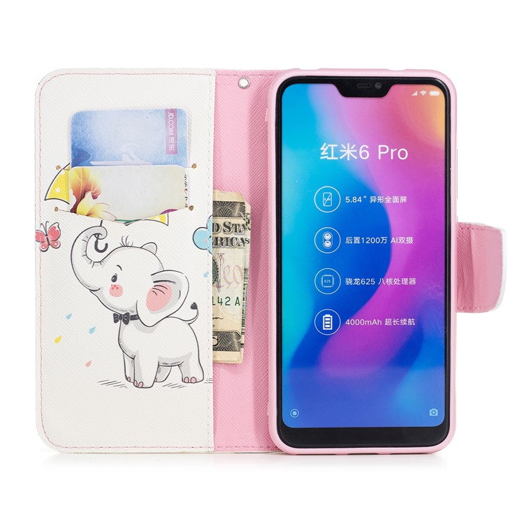 Pattern Printing Leather Wallet Case for Xiaomi Mi A2 Lite / Redmi 6 Pro - Elephant Holding an Umbrella-8