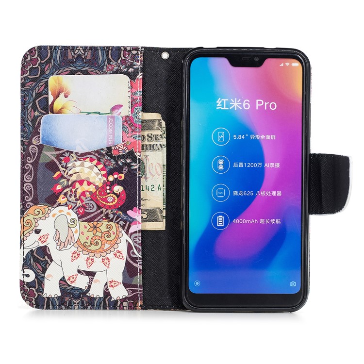 Pattern Printing Leather Wallet Shell for Xiaomi Mi A2 Lite / Redmi 6 Pro - Flower and Elephant-8