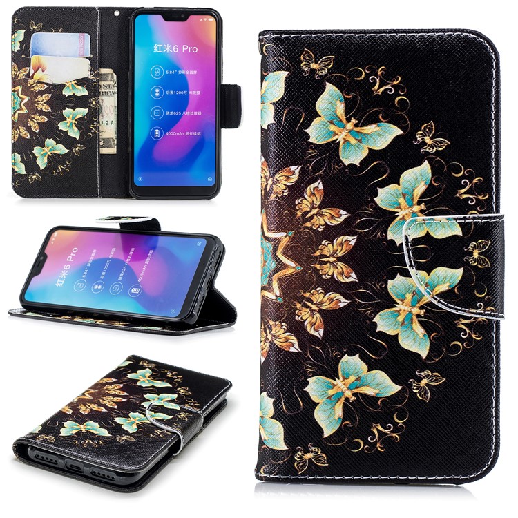 Pattern Printing Leather Wallet Phone Case for Xiaomi Mi A2 Lite / Redmi 6 Pro - Colorized Butterfly-1