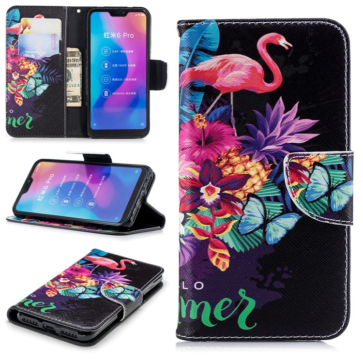 Pattern Printing Mobile Phone Leather Wallet Case for Xiaomi Mi A2 Lite / Redmi 6 Pro - Crane and Flowers-1