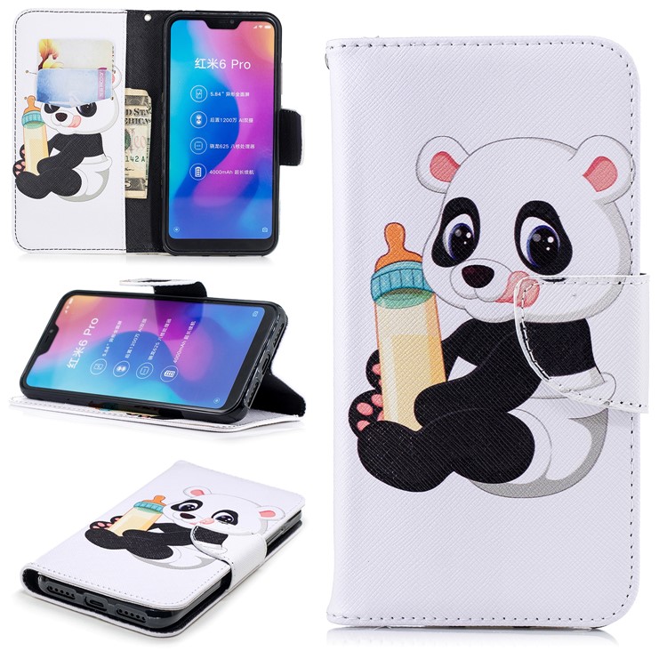 Pattern Printing Stand Leather Wallet Case for Xiaomi Mi A2 Lite / Redmi 6 Pro - Panda Holding a Bottle-1