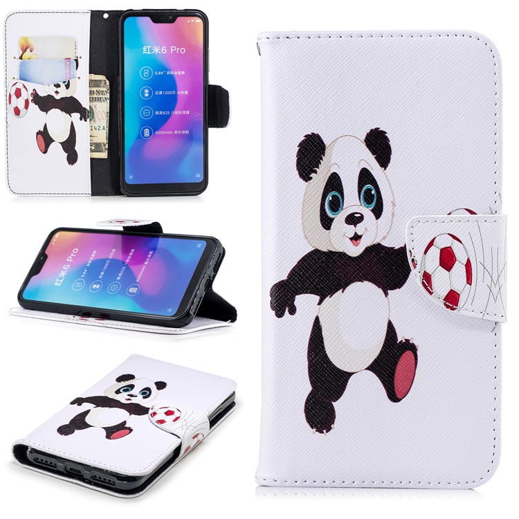 Pattern Printing Leather Wallet Case Phone Shell for Xiaomi Mi A2 Lite / Redmi 6 Pro - Panda Playing Football-1