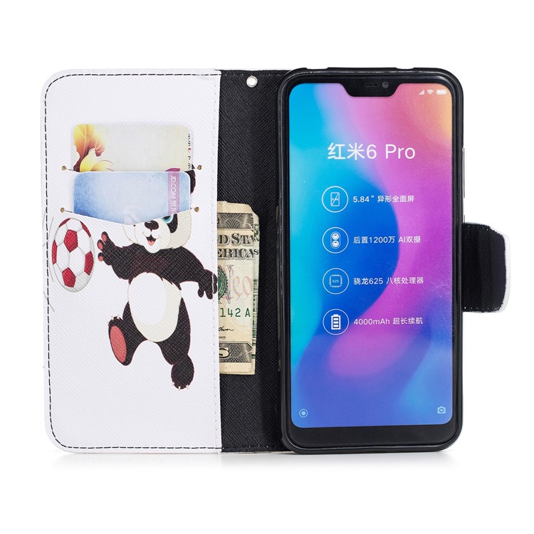 Pattern Printing Leather Wallet Case Phone Shell for Xiaomi Mi A2 Lite / Redmi 6 Pro - Panda Playing Football-8