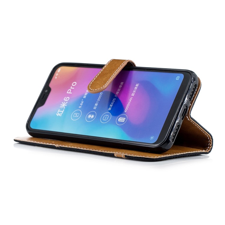 Assorted Color Jeans Cloth Wallet Stand Leather Case for Xiaomi Mi A2 Lite / Redmi 6 Pro - Black-5