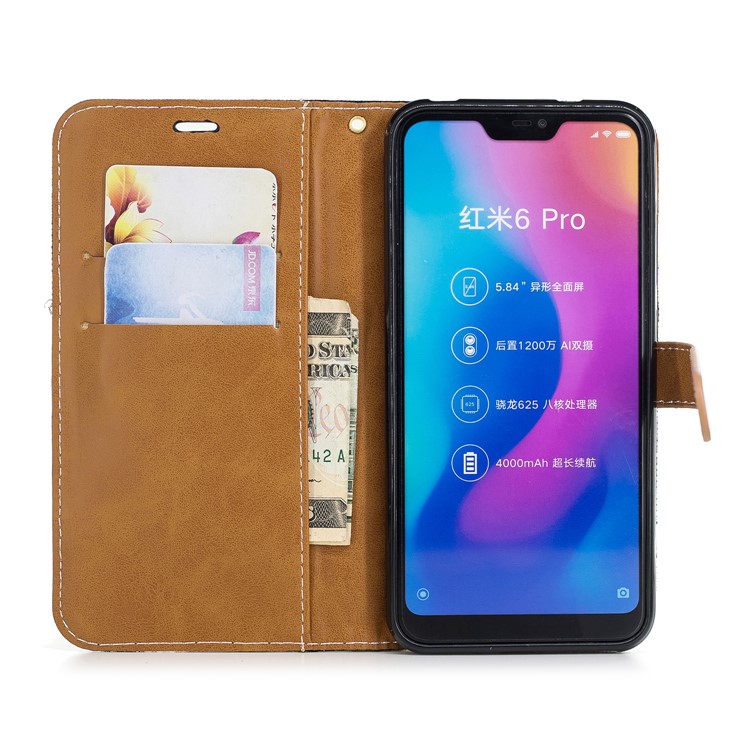 Assorted Color Jeans Cloth Wallet Stand Leather Case for Xiaomi Mi A2 Lite / Redmi 6 Pro - Black-8