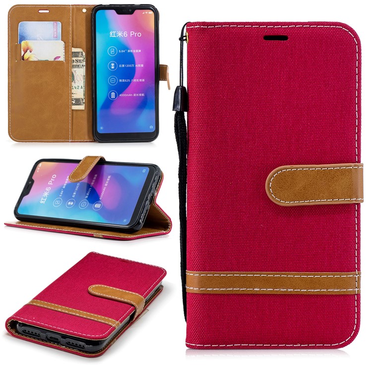 Assorted Color Jeans Cloth Wallet Leather Stand Case for Xiaomi Mi A2 Lite / Redmi 6 Pro - Red-1