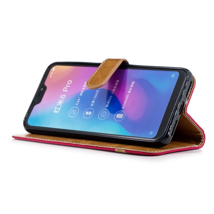 Assorted Color Jeans Cloth Wallet Leather Stand Case for Xiaomi Mi A2 Lite / Redmi 6 Pro - Red-5