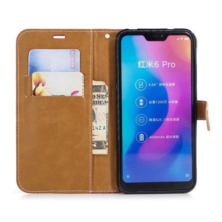 Assorted Color Jeans Cloth Wallet Leather Stand Case for Xiaomi Mi A2 Lite / Redmi 6 Pro - Red-8