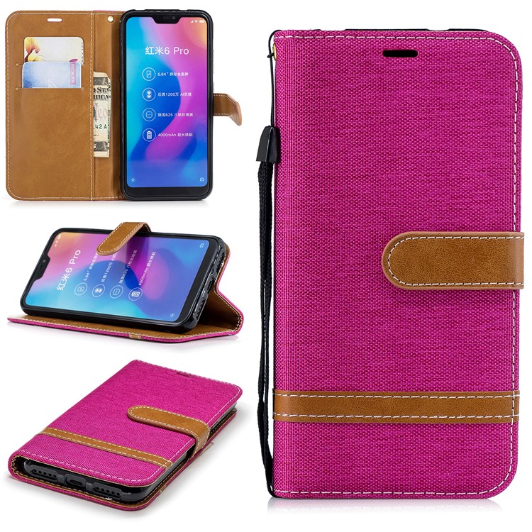 Assorted Color Jeans Cloth Wallet Leather Stand Cover for Xiaomi Mi A2 Lite / Redmi 6 Pro - Rose-1