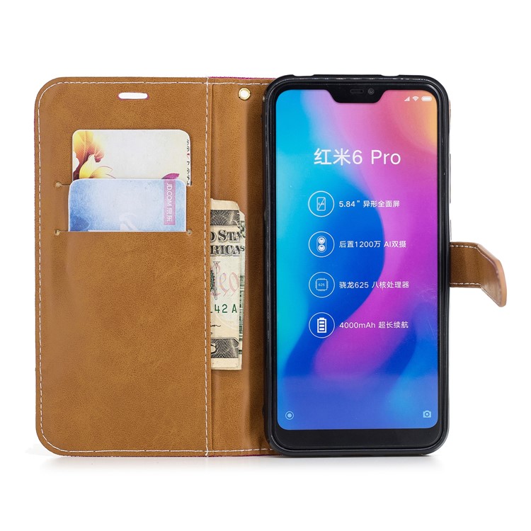 Assorted Color Jeans Cloth Wallet Leather Stand Cover for Xiaomi Mi A2 Lite / Redmi 6 Pro - Rose-8