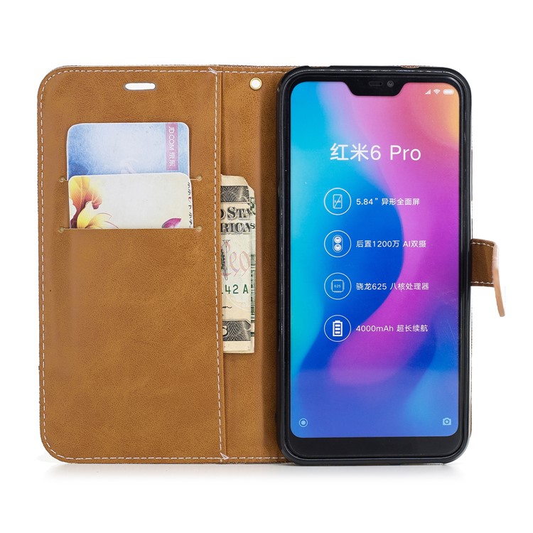 Assorted Color Jeans Cloth Leather Stand Case with Card Slots for Xiaomi Mi A2 Lite / Redmi 6 Pro - Khaki-8