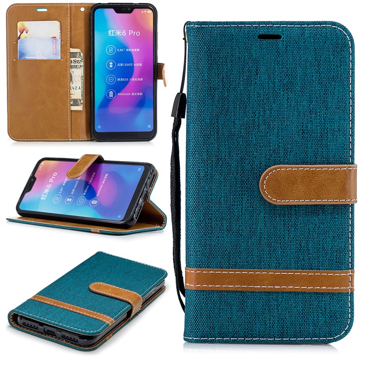 Calças De Brim De Cor Sortida Pano Couro Stand Capa Com Slots De Cartão Para Xiaomi Mi A2 Lite / Redmi 6 Pro - Verde-1
