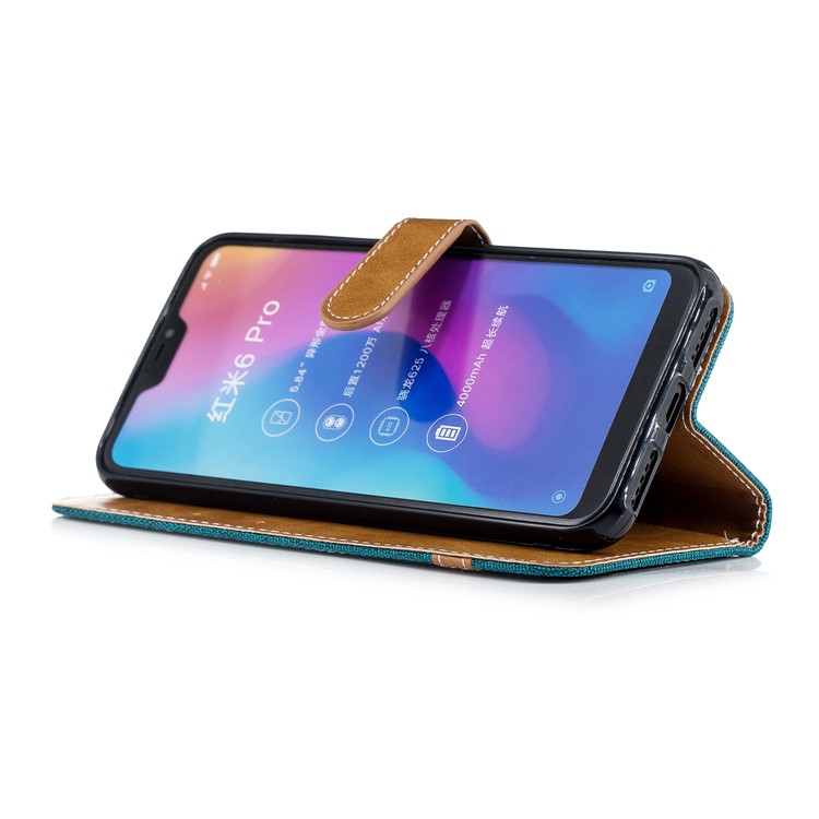 Calças De Brim De Cor Sortida Pano Couro Stand Capa Com Slots De Cartão Para Xiaomi Mi A2 Lite / Redmi 6 Pro - Verde-5
