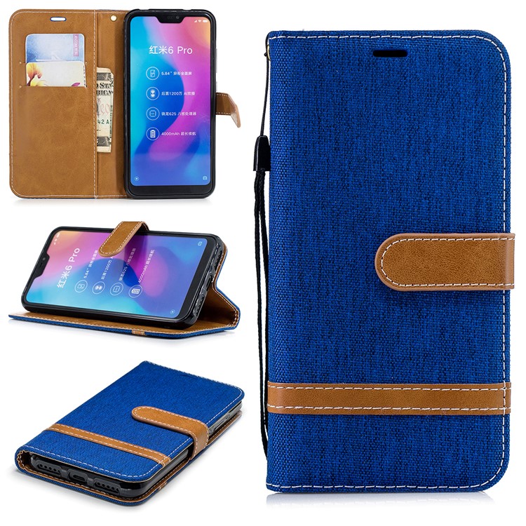 Assorted Color Jeans Cloth Leather Wallet Case for Xiaomi Mi A2 Lite / Redmi 6 Pro - Baby Blue-1