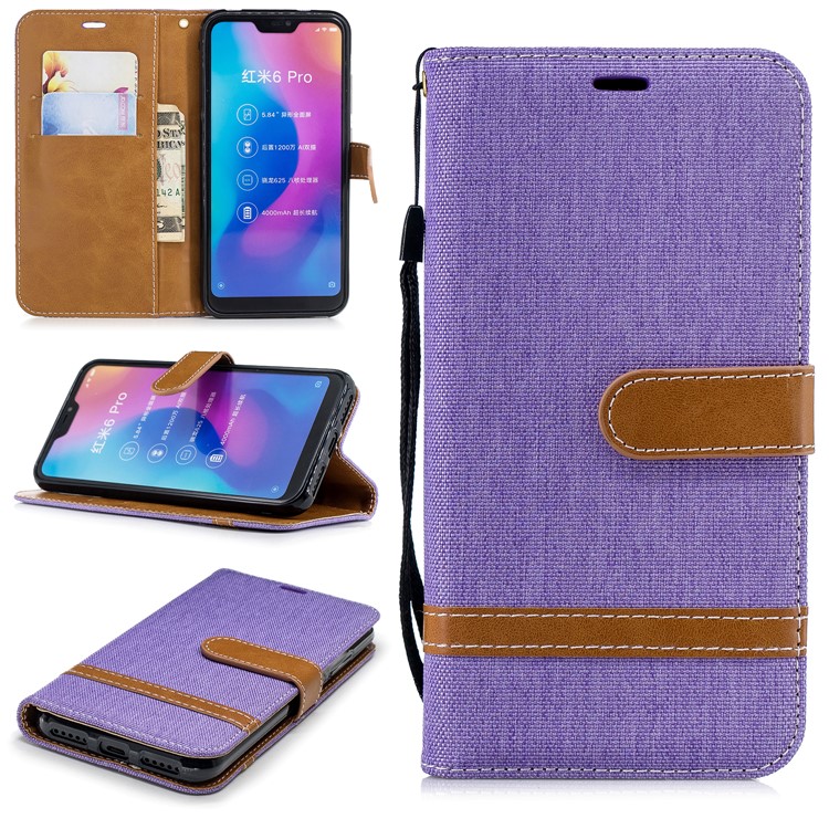 Assorted Color Jeans Cloth Leather Wallet Case Cover for Xiaomi Mi A2 Lite / Redmi 6 Pro - Purple-1