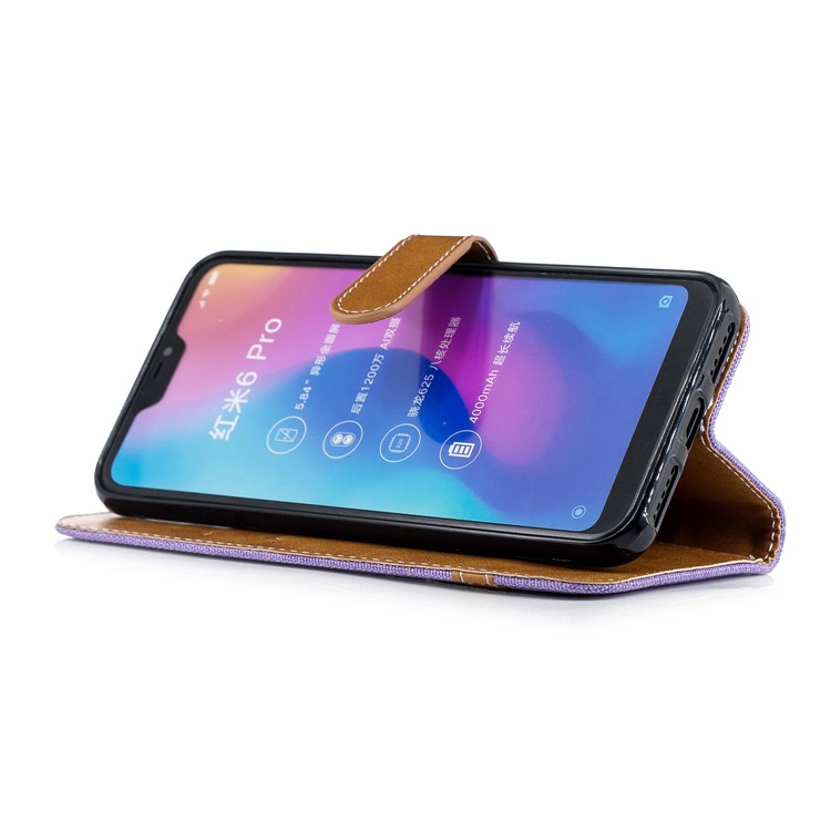 Assorted Color Jeans Cloth Leather Wallet Case Cover for Xiaomi Mi A2 Lite / Redmi 6 Pro - Purple-5